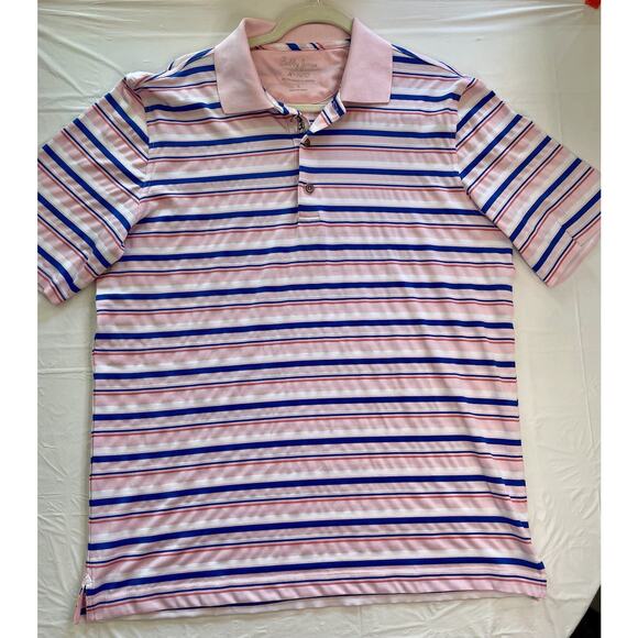 Bobby Jones X-H20 Performance Golf Polo Large Pink Blue Striped Collar Logo - Picture 1 of 9